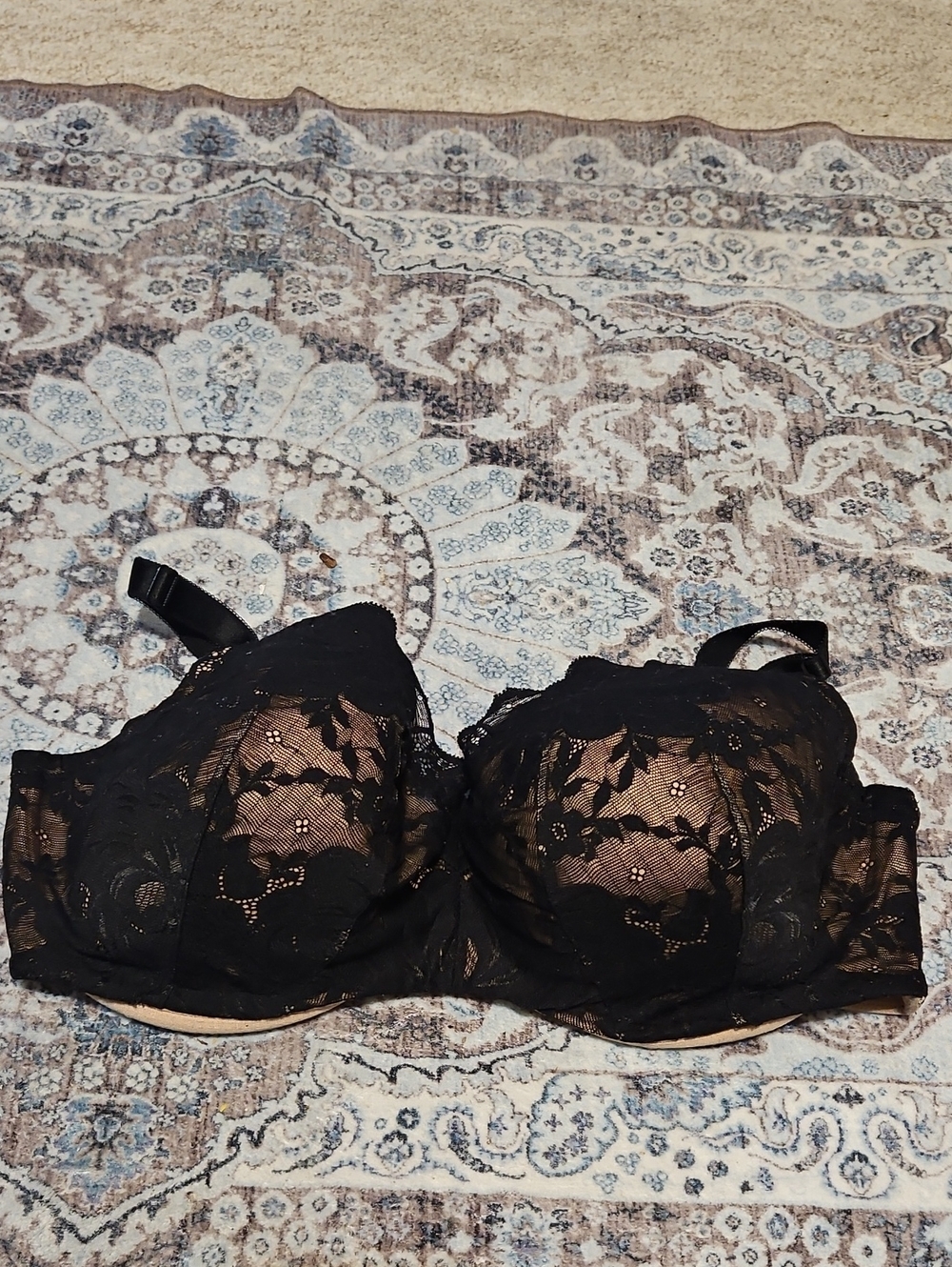 Black Lace Balconette Underwire Bra with Sheer Floral Cups